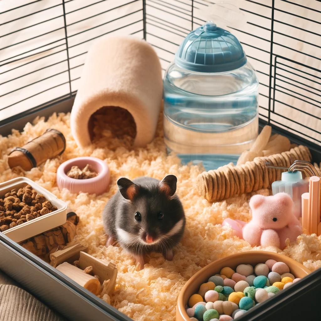 a hamster in a cage with food and toys