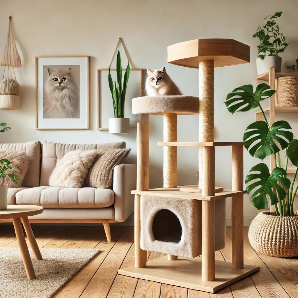 a cat on a cat tree in a living room