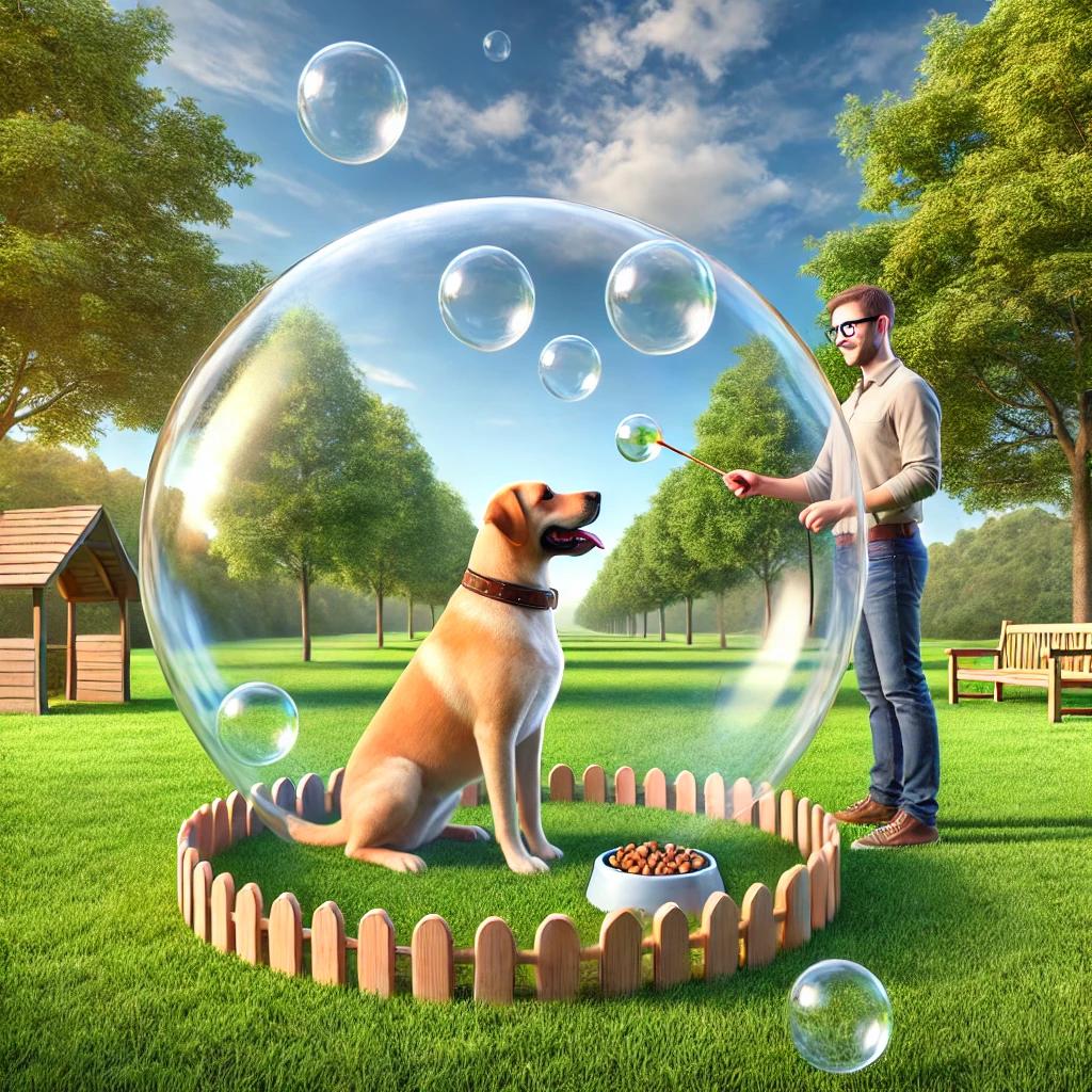 a man and a dog in a bubble