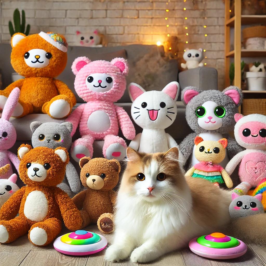 a cat lying on the floor with many stuffed animals