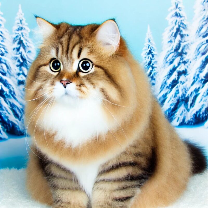  A beautiful Siberian cat with a thick, plush coat, large round eyes 