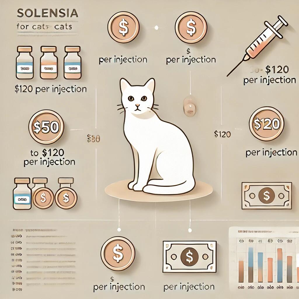 A clear infographic displaying the cost of Solensia for cats. The image includes price ranges like $50 to $120 per injection, with symbols of cats