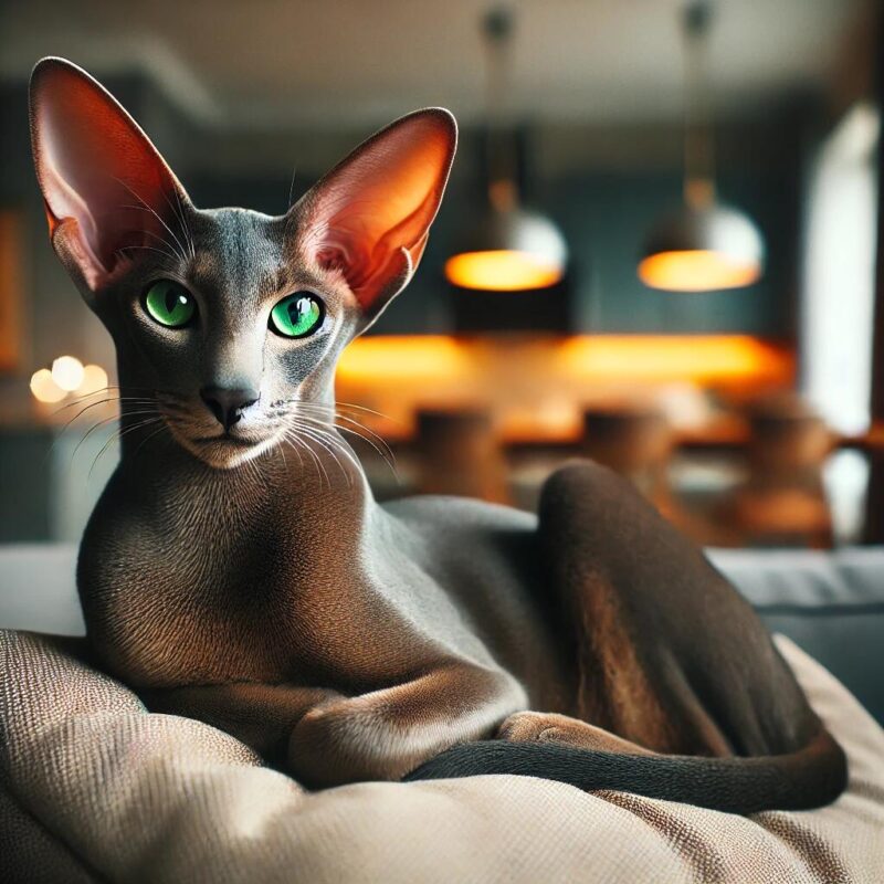  An elegant Oriental Shorthair cat with large triangular ears, a sleek body, and bright green eyes