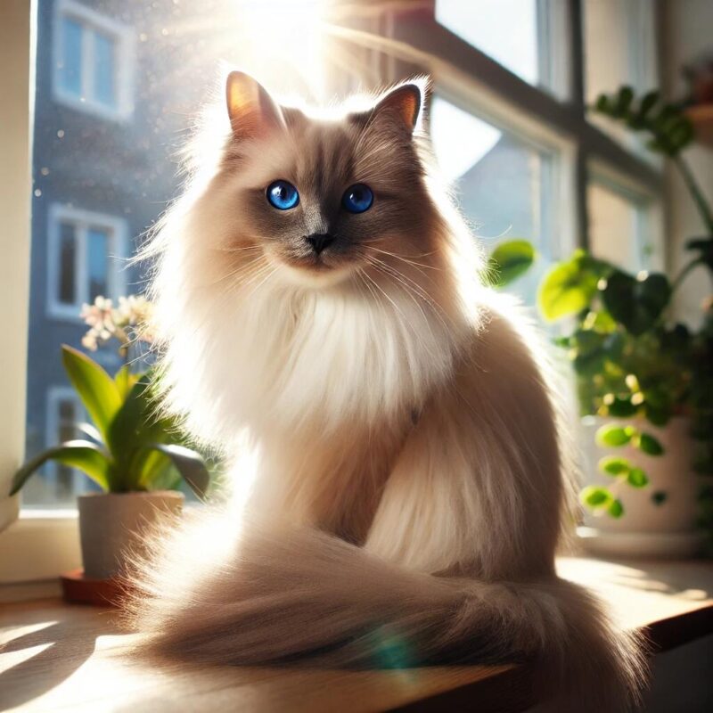 A stunning Balinese cat with long, silky fur, striking blue eyes, and a graceful demeanor