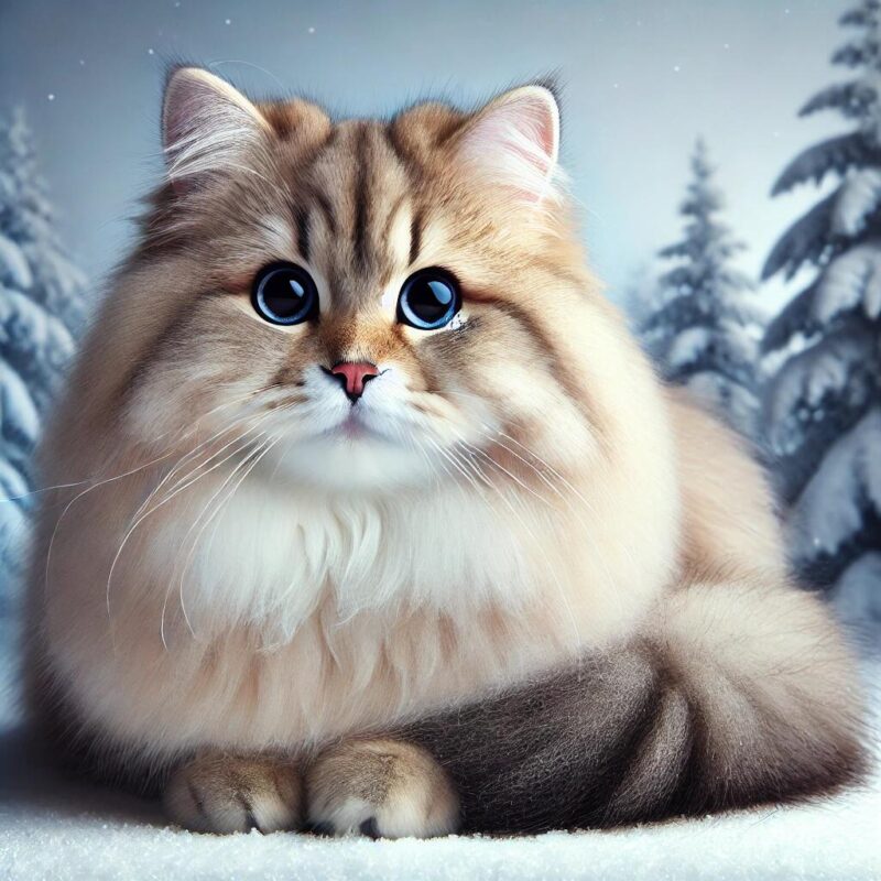 A beautiful Siberian cat with a thick, plush coat, large round eyes