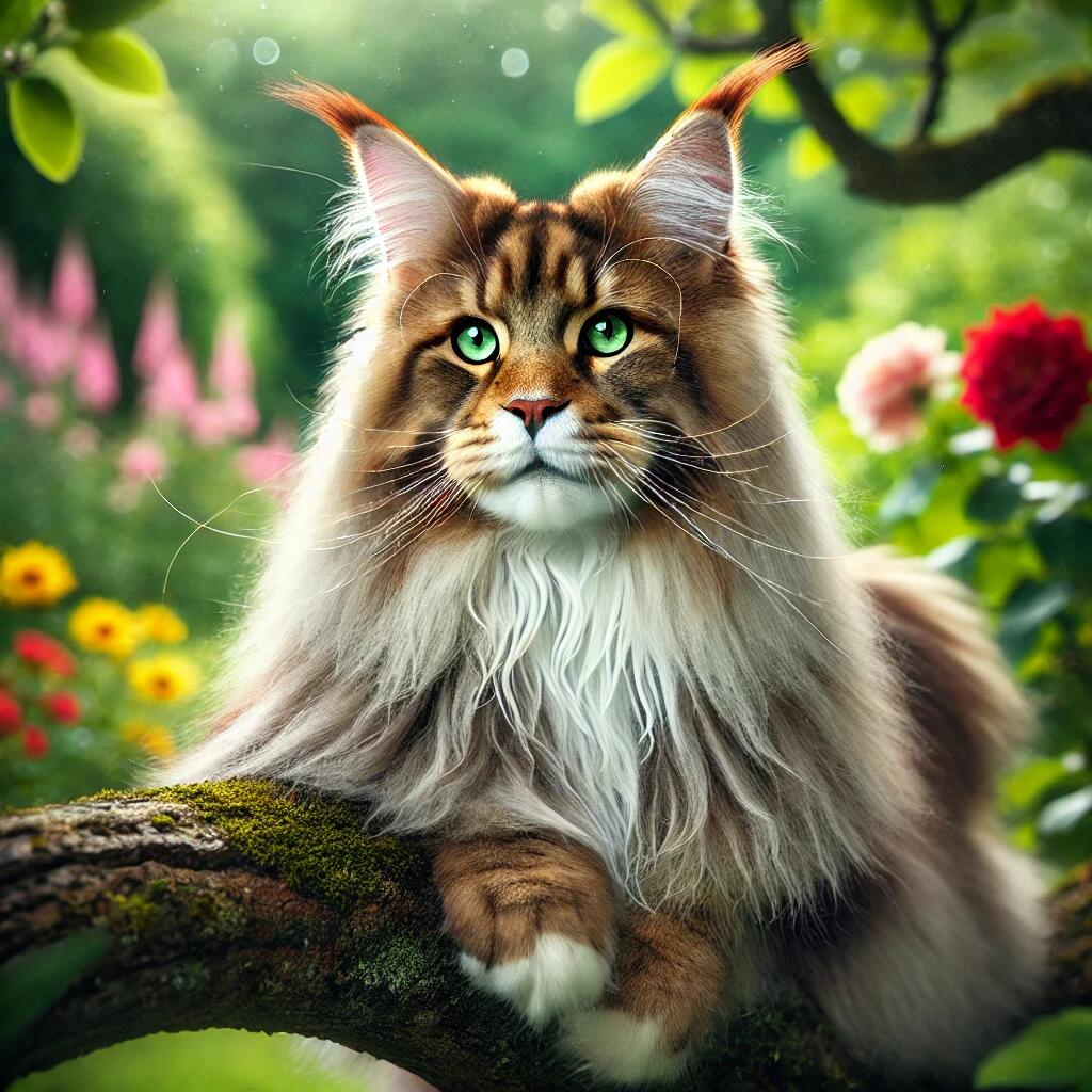 A majestic Maine Coon cat with long, fluffy fur, large tufted ears, and striking green eyes, sitting regally on a tree branch in a lush garden