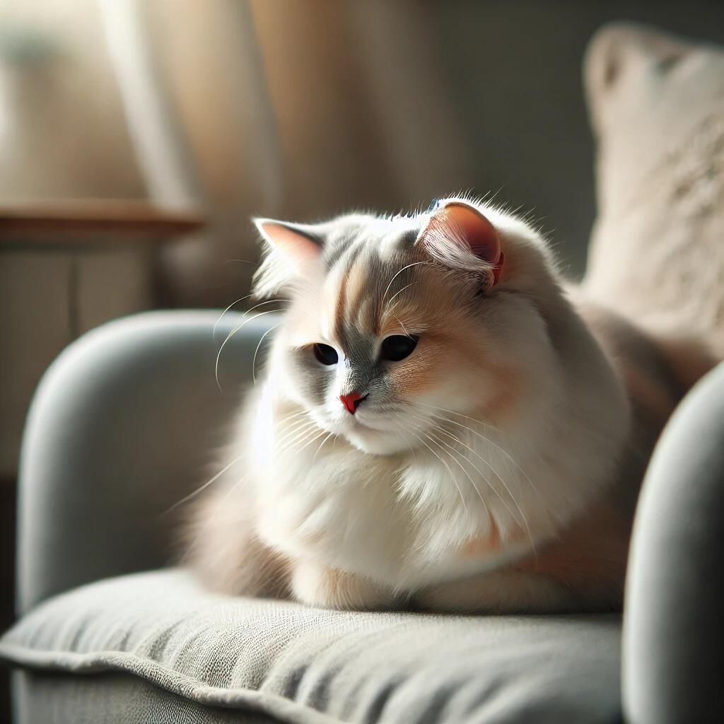 A soft and elegant dilute calico cat sitting peacefully on a cozy chair. The cat's coat features muted pastel colors of cream, light gray, and soft