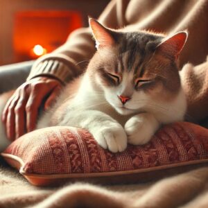 A calm elderly cat resting comfortably on a soft cushion, showing signs of relief and comfort. The cat appears relaxed, with its eyes half-closed