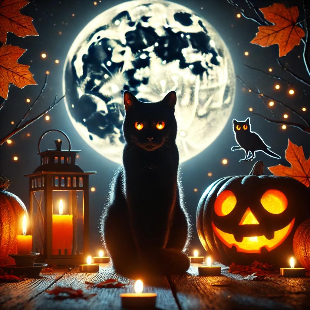 A black cat with glowing eyes sitting in front of a pumpkin and Halloween decorations, with a full moon in the background, embodying the spooky