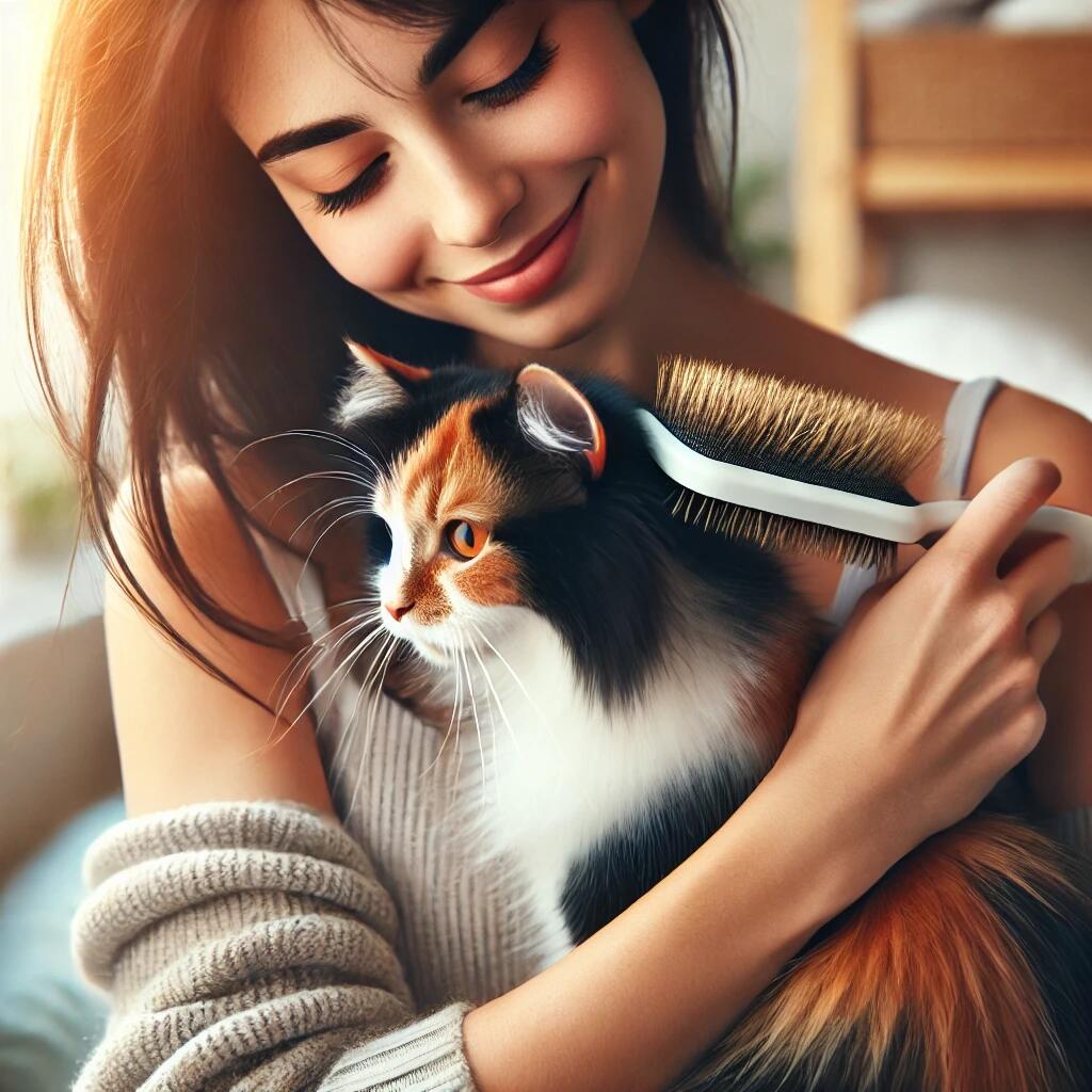 A woman gently holding a calico cat, with the cat’s beautiful tri-colored hair (black, orange, and white) clearly visible as she brushes it.