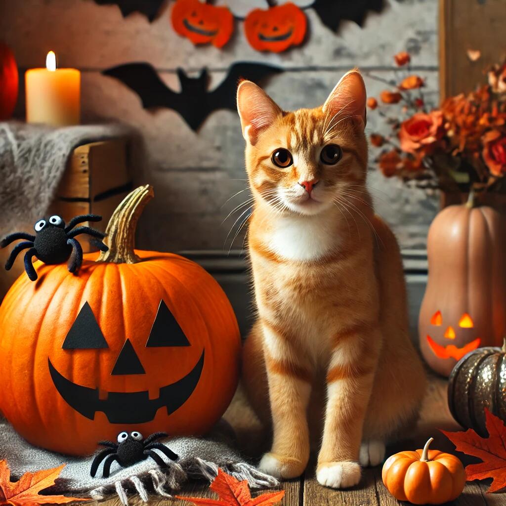  An orange tabby cat sitting beside a Halloween pumpkin in a cozy indoor scene, with autumn leaves scattered around and festive Halloween decorations