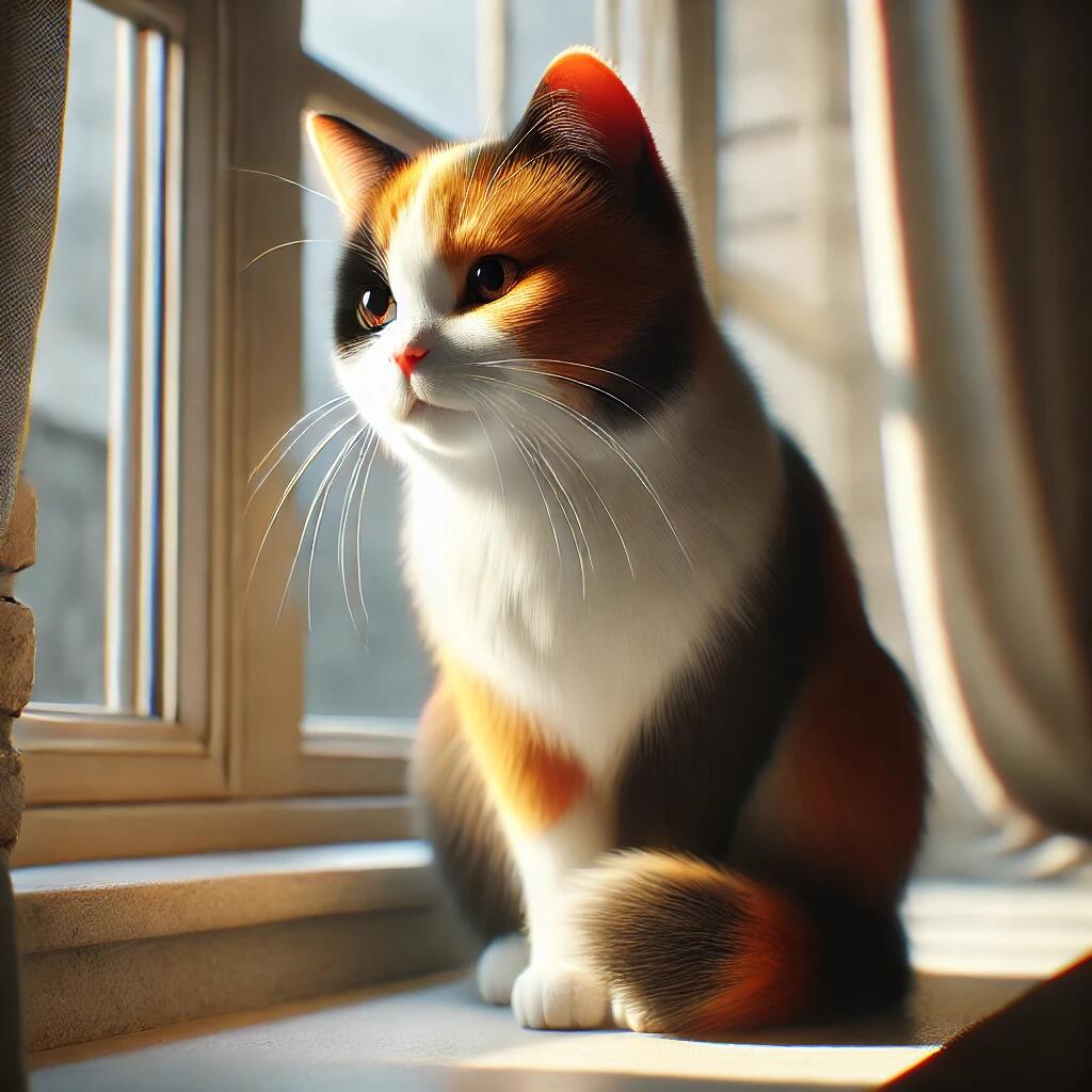 A beautiful and realistic calico cat sitting on a windowsill, bathed in warm sunlight. The cat’s distinct tri-colored fur pattern—white, black