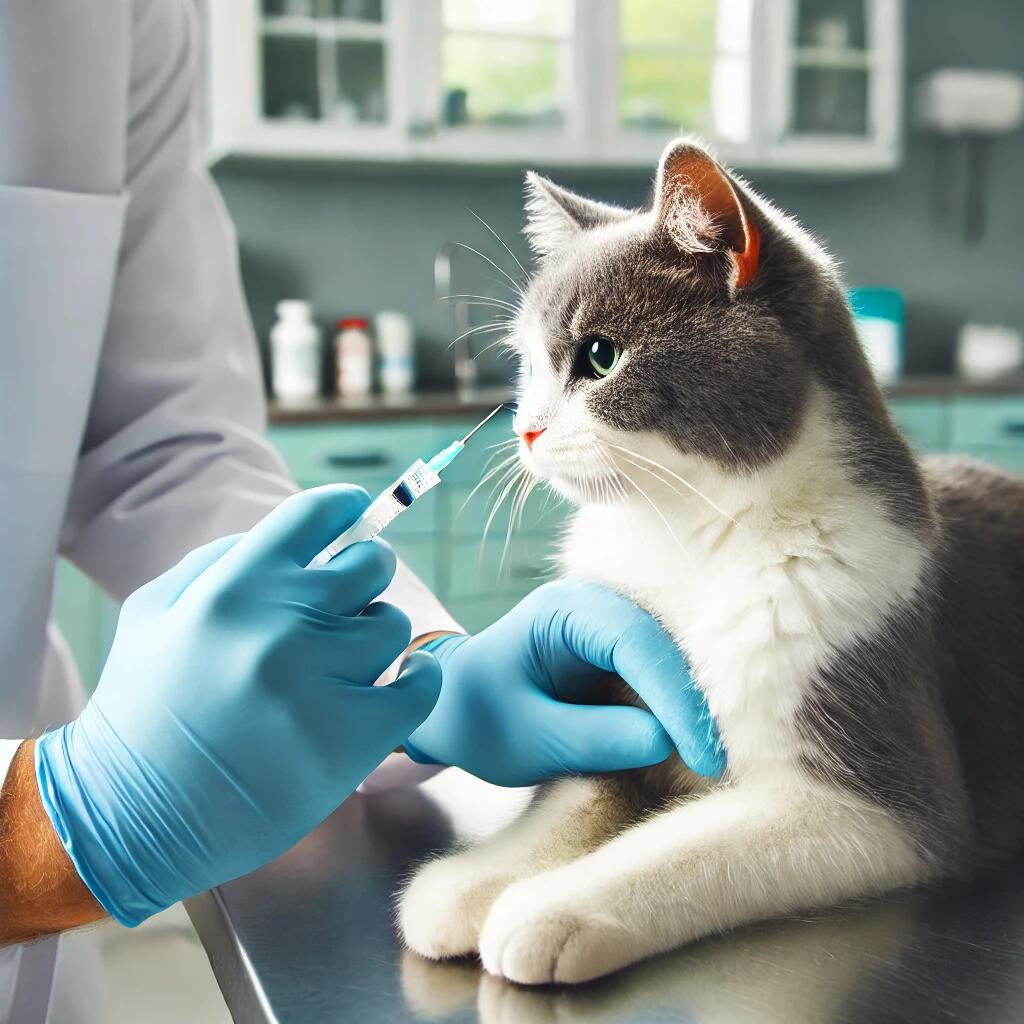 An image showing a cat in a veterinary clinic, getting an injection. The cat is calm, and the vet is gently administering the shot