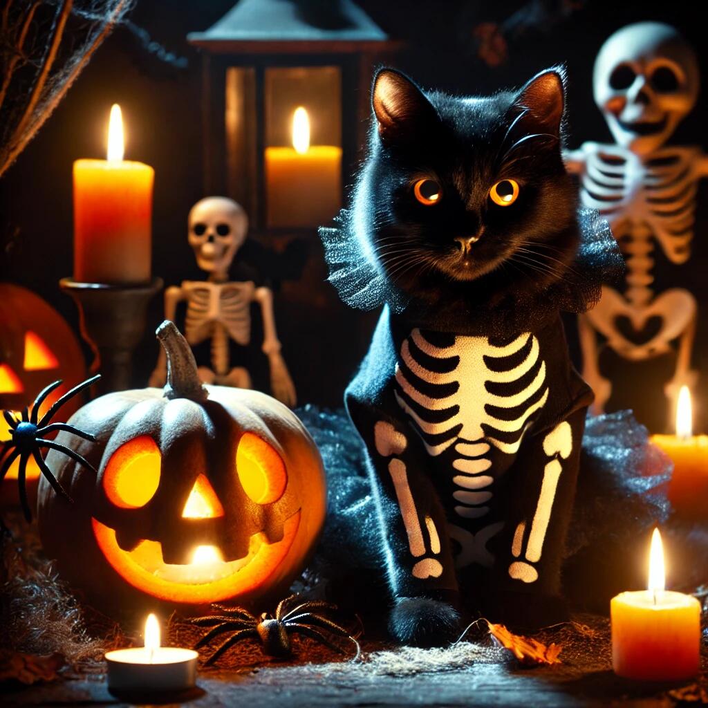 A spooky black cat with glowing eyes dressed in a skeleton costume, sitting beside a carved jack-o-lantern