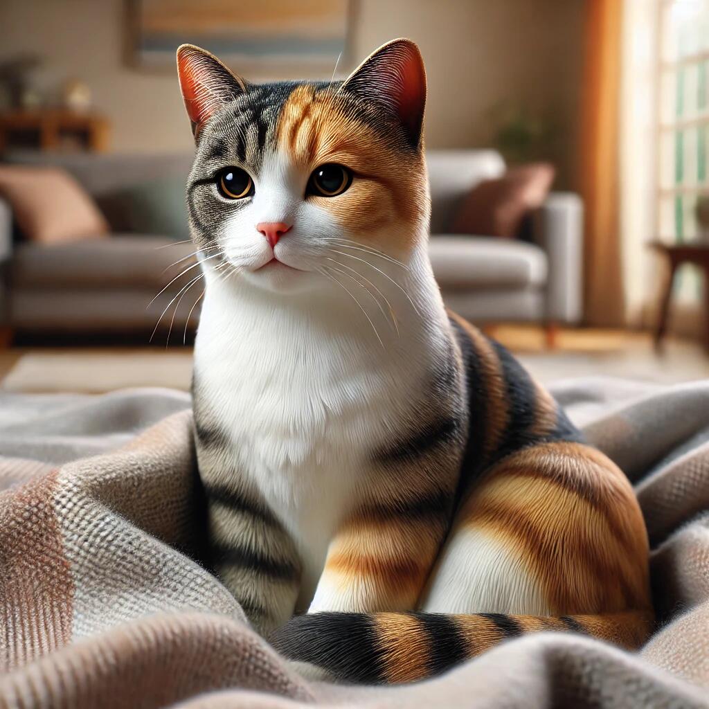 co tabby cat sitting comfortably on a soft blanket. The cat has the distinctive calico pattern of white, black, and orange fur