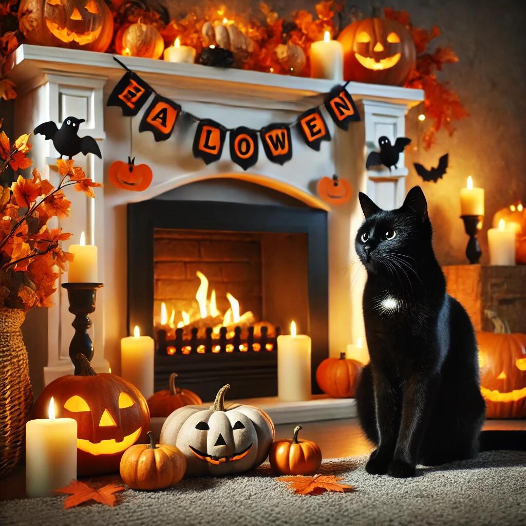 A cozy indoor scene with a black cat sitting beside a Halloween-themed fireplace decorated with pumpkins, candles, and autumn leaves. 