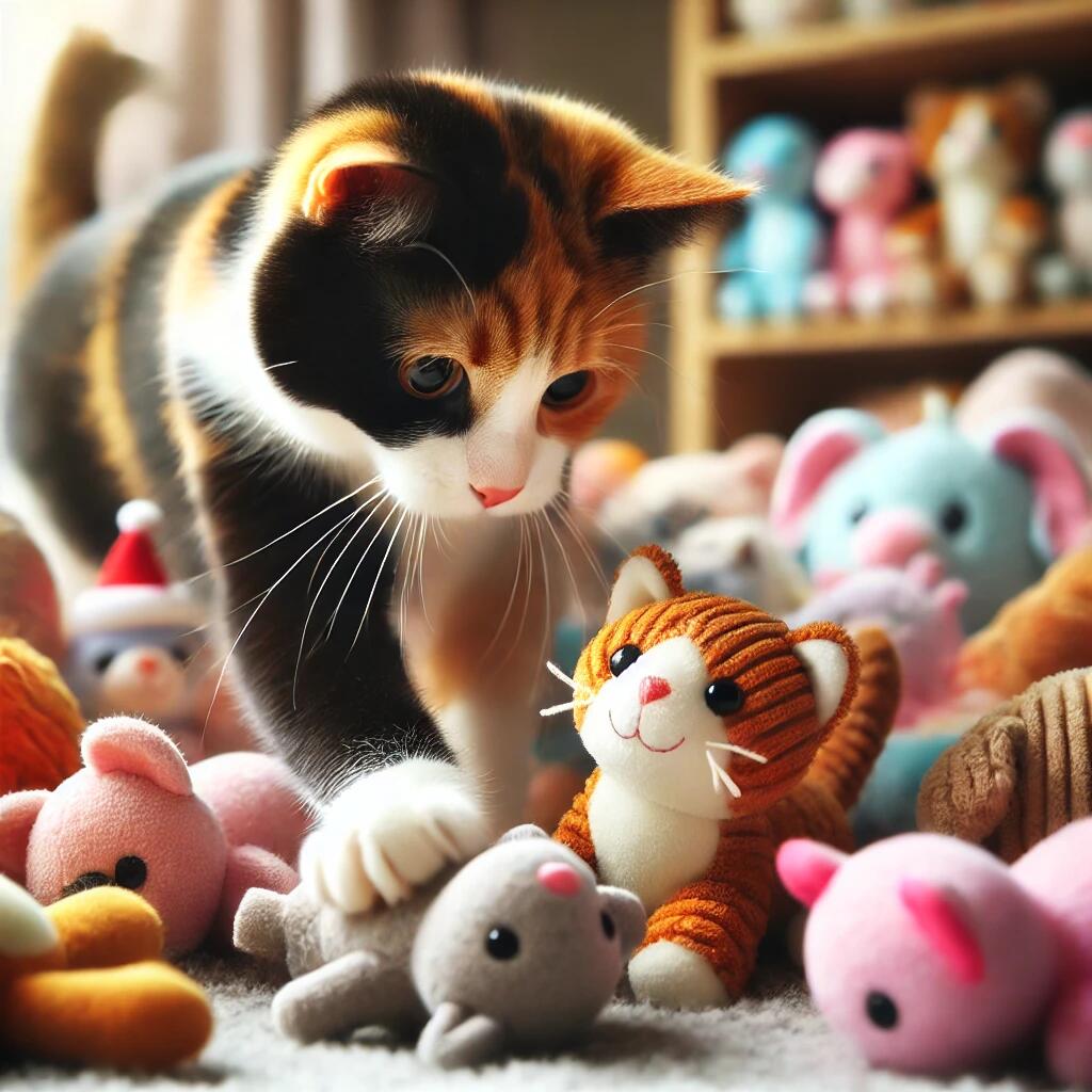 A playful calico cat interacting with a collection of colorful plush toys. The calico cat, with its characteristic tri-colored fur of black, orange