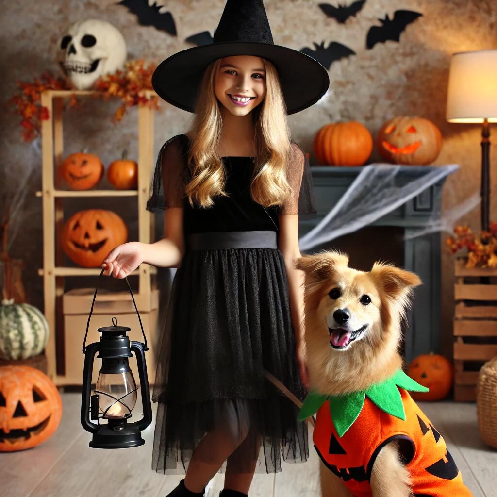 A realistic image of a teenage girl dressed in a witch costume, complete with a pointy hat and a flowing black dress, standing next to a playful dog 