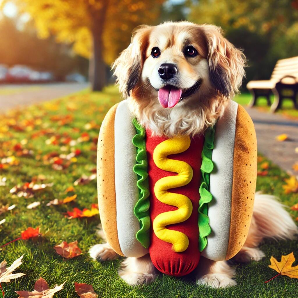 A realistic image of a playful dog wearing a hot dog costume, complete with a bun and mustard, in a fun outdoor setting with grass and autumn leaves