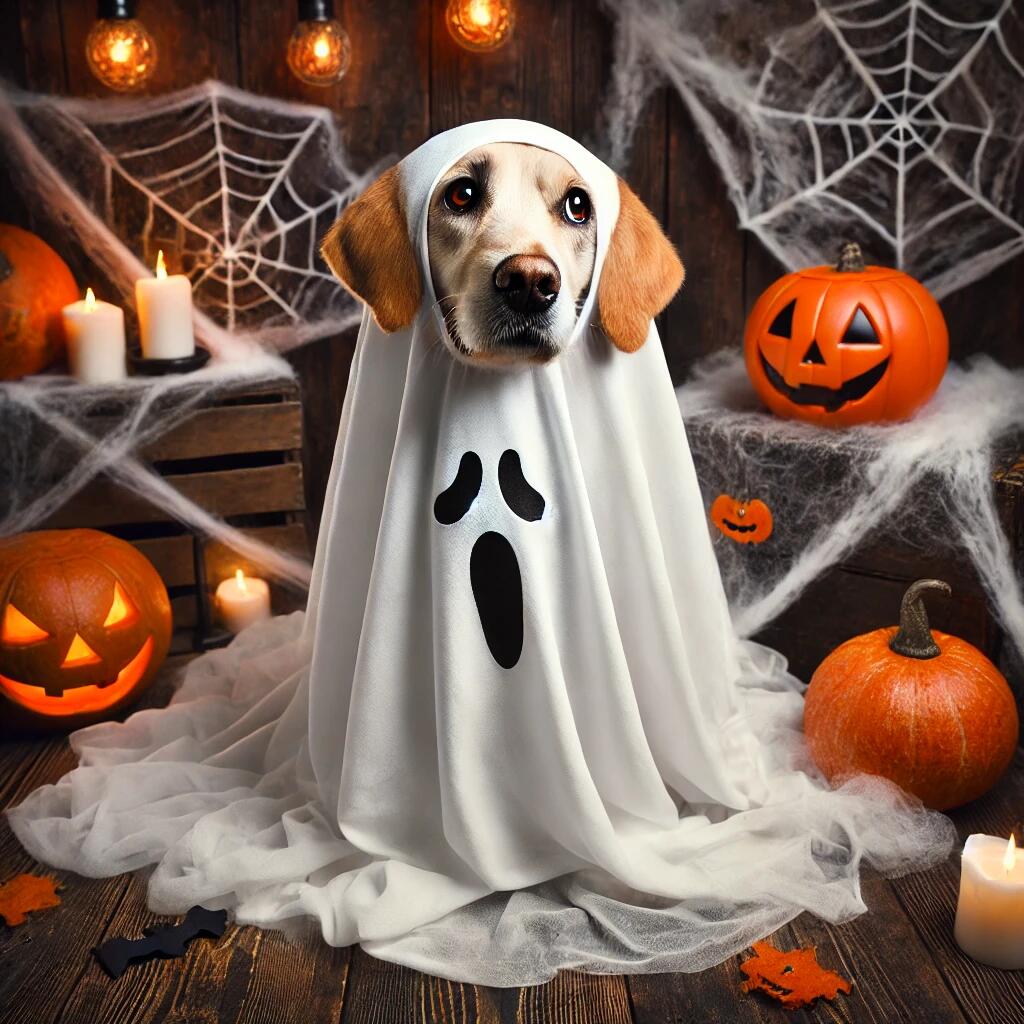 A realistic image of a dog dressed in a ghost costume, with a flowing white sheet and two eye holes cut out. The dog is sitting in a spooky Halloween