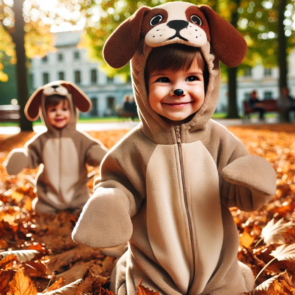 A realistic image of a child dressed in a dog costume, mimicking a puppy with floppy ears and a tail. The child is happily playing in a park