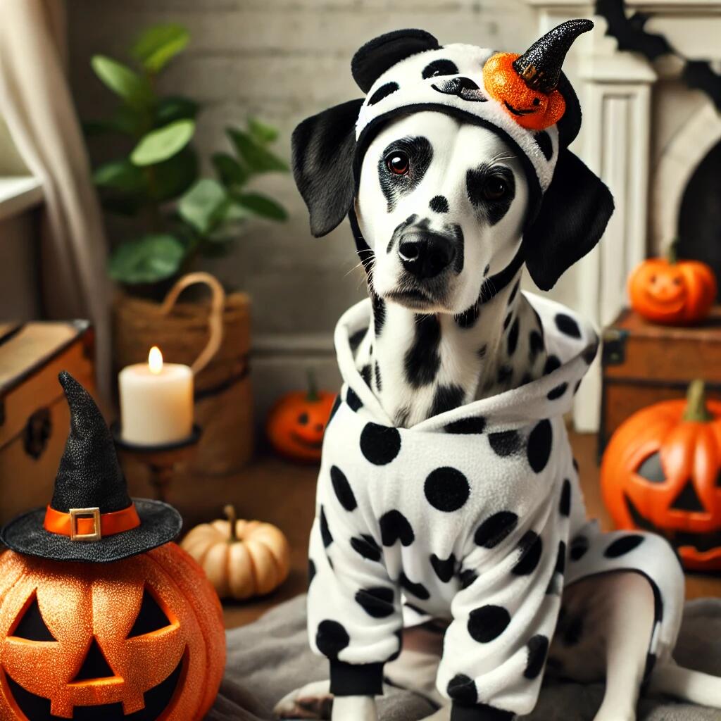 A realistic image of a dog dressed in a Dalmatian costume, featuring black spots on a white fabric. The dog is sitting next to a Halloween decoration