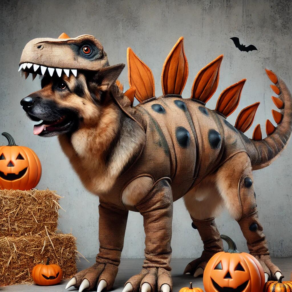 A realistic image of a large dog wearing a huge dinosaur costume, complete with spikes down the back and a tail. The dog is standing in a playful pose