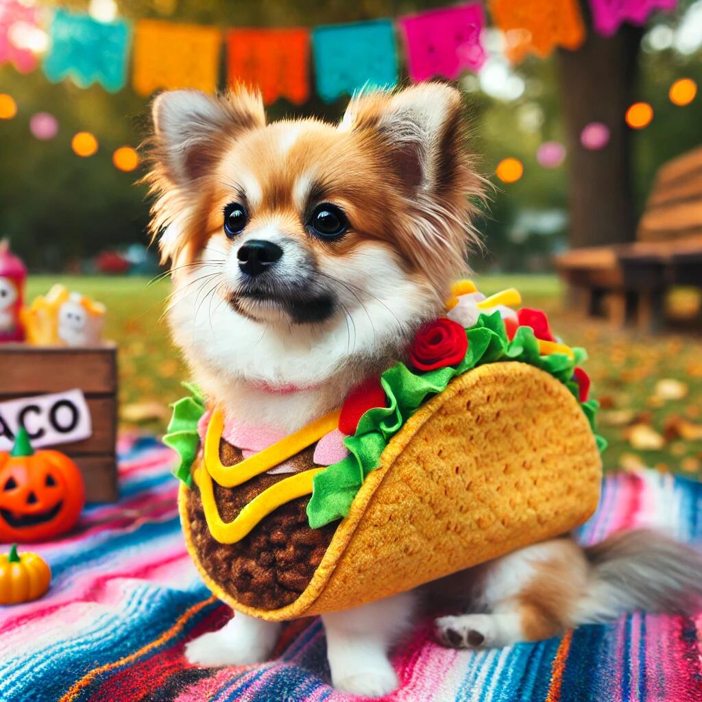 A realistic image of a small dog wearing a funny taco costume, complete with toppings like lettuce, cheese, and salsa.