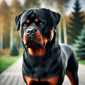 A powerful and muscular Rottweiler standing alert in an outdoor environment, with a strong, confident posture and intense eyes