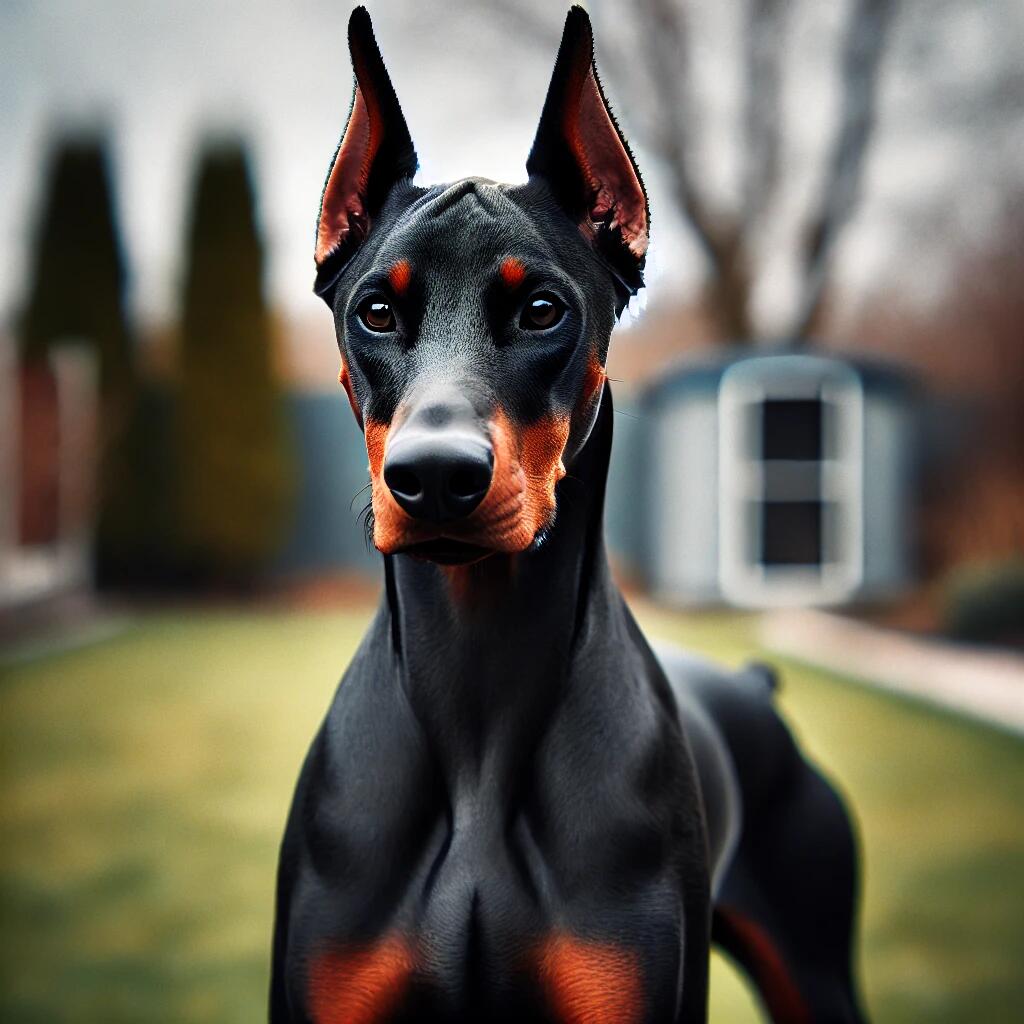  A sleek and fast Doberman Pinscher standing guard in a yard, ears perked and body poised, ready to defend. The dog's lean, muscular frame and focused 