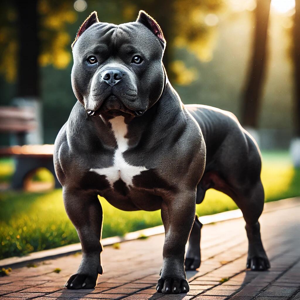 A muscular and imposing Pit Bull Terrier standing confidently in a park, showing its strength and intimidating build.