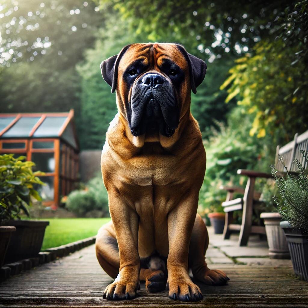 A large and powerful Bullmastiff sitting calmly in a garden, showcasing its imposing size and strength, but with a calm and steady demeanor. 