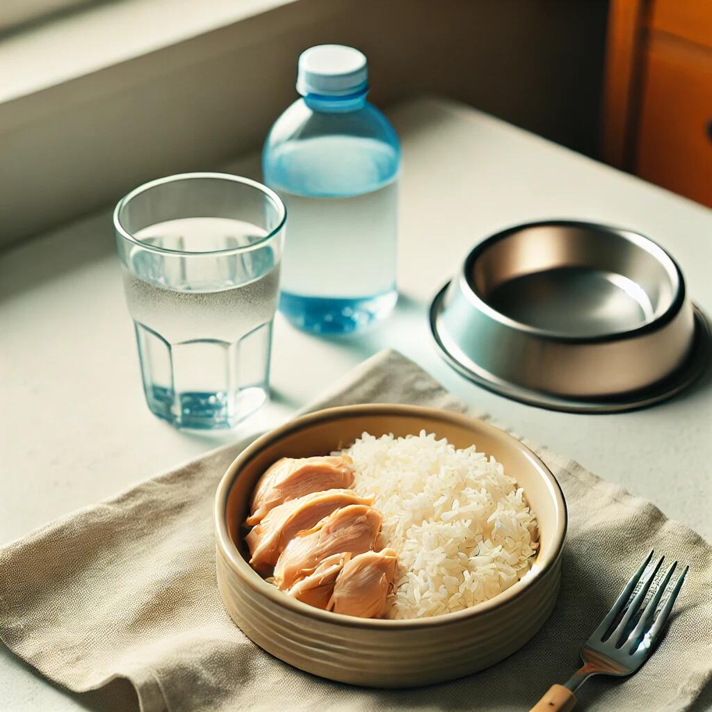  A simple and calming scene featuring a dog food bowl filled with boiled chicken and rice, placed on a clean surface. Nearby, there is a bowl of fresh 