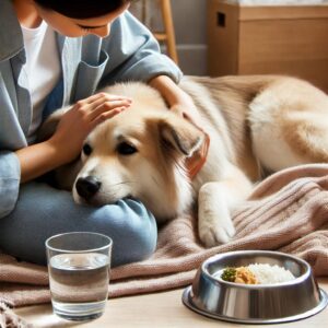 An image of a concerned dog owner comforting their dog, who appears to be feeling unwell. The setting is in a home, with the dog lying on a soft blank