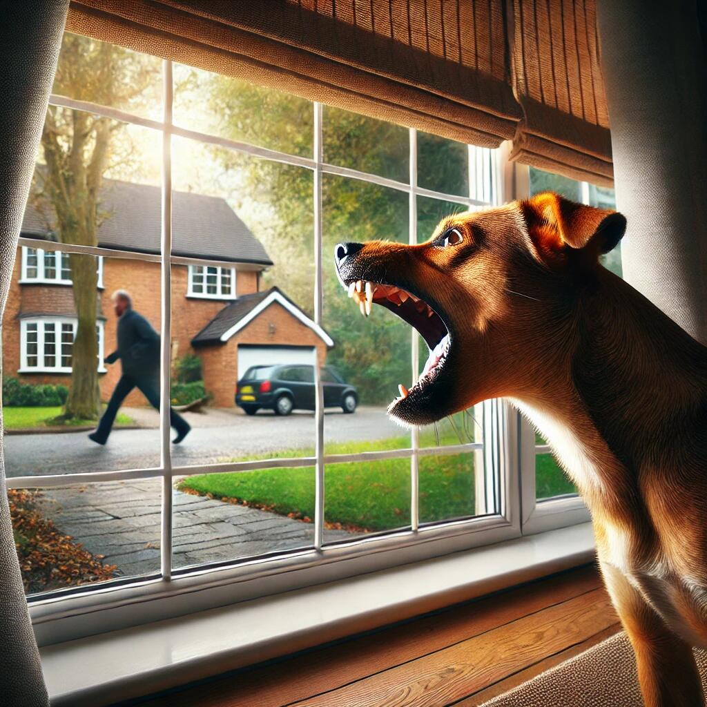 A dog barking loudly at a window, looking outside at a potential trigger, such as a passerby or a squirrel. 