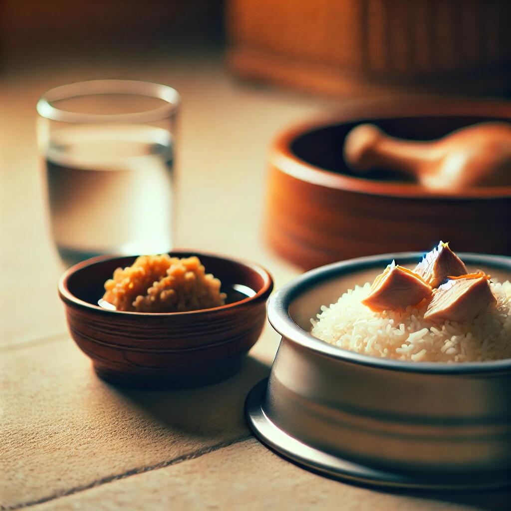  A close-up scene of a dog food bowl filled with a bland diet of boiled chicken and rice, along with a fresh water bowl. The setting is warm and comfor