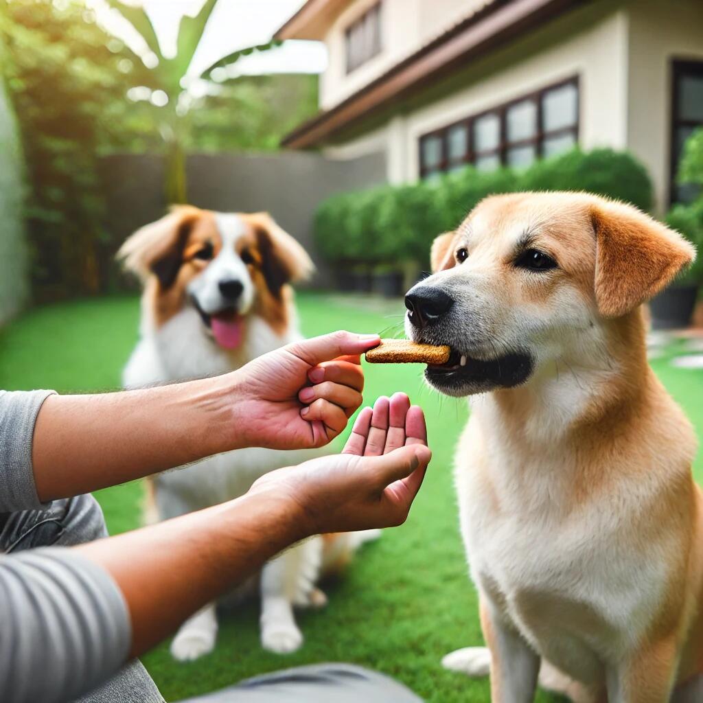 A dog owner training a dog using positive reinforcement methods in a calm outdoor environment. The owner holds a treat, rewarding the dog for calm