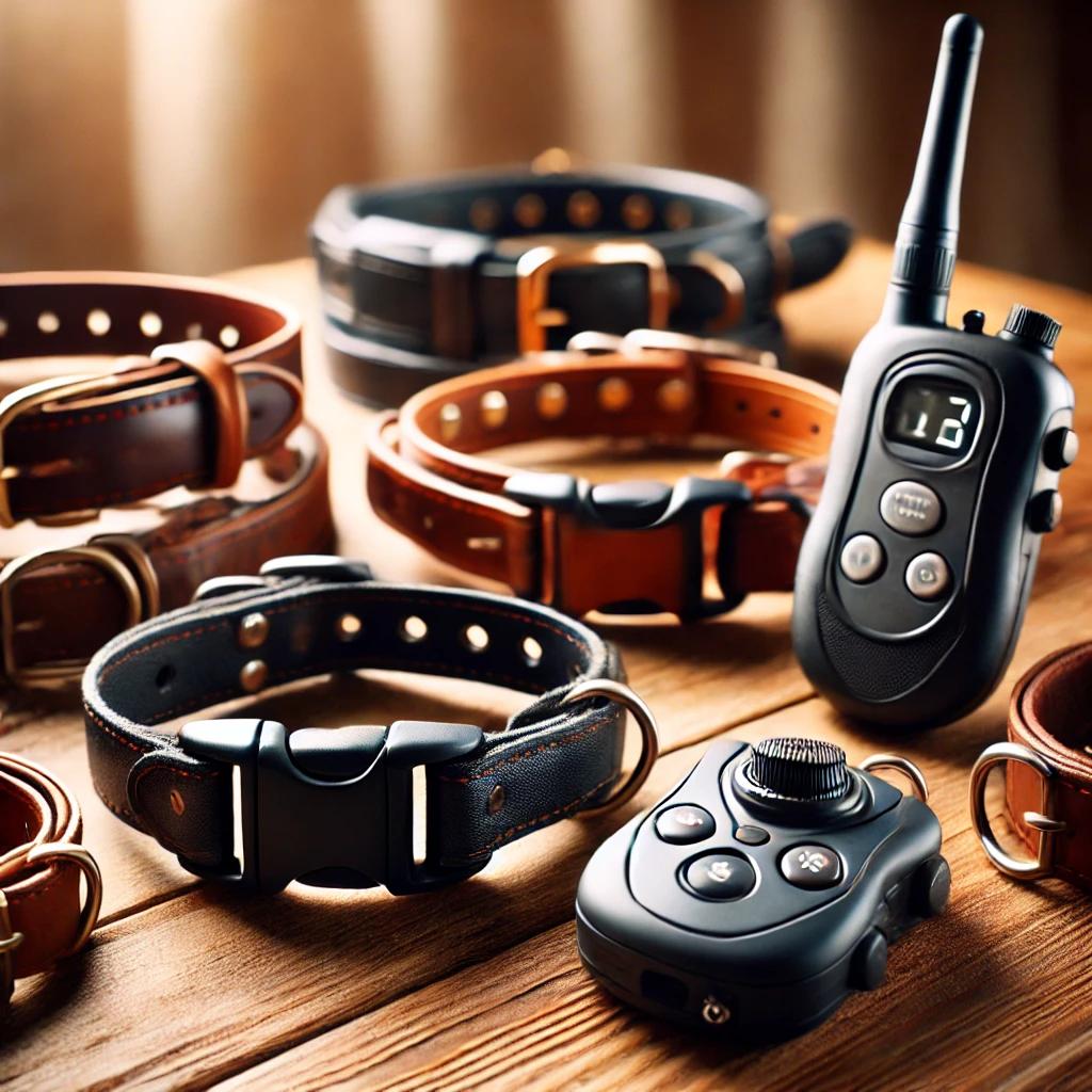 a group of leather dog collars and a remote control