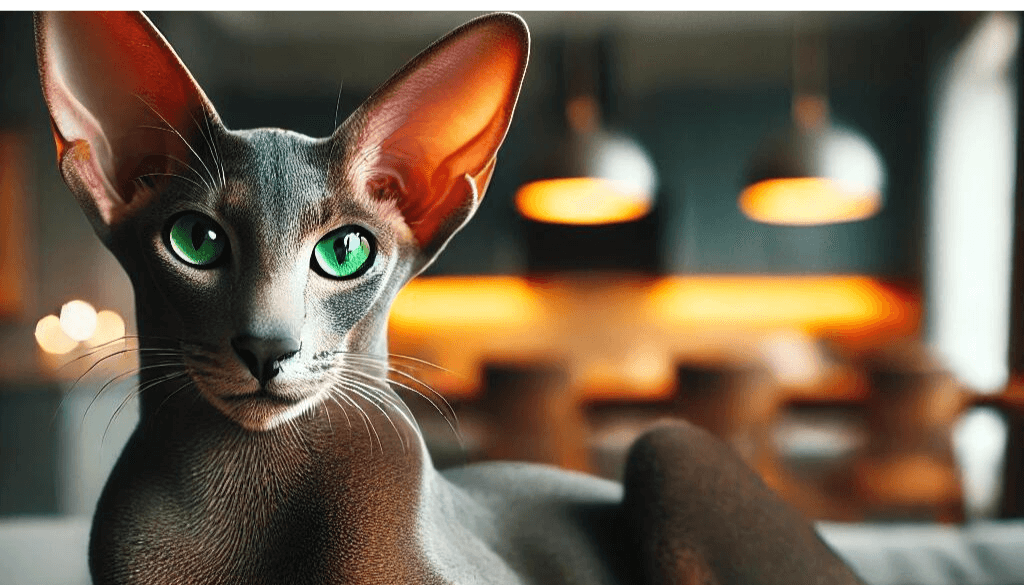 An elegant Oriental Shorthair cat with large triangular ears, a sleek body, and bright green eyes
